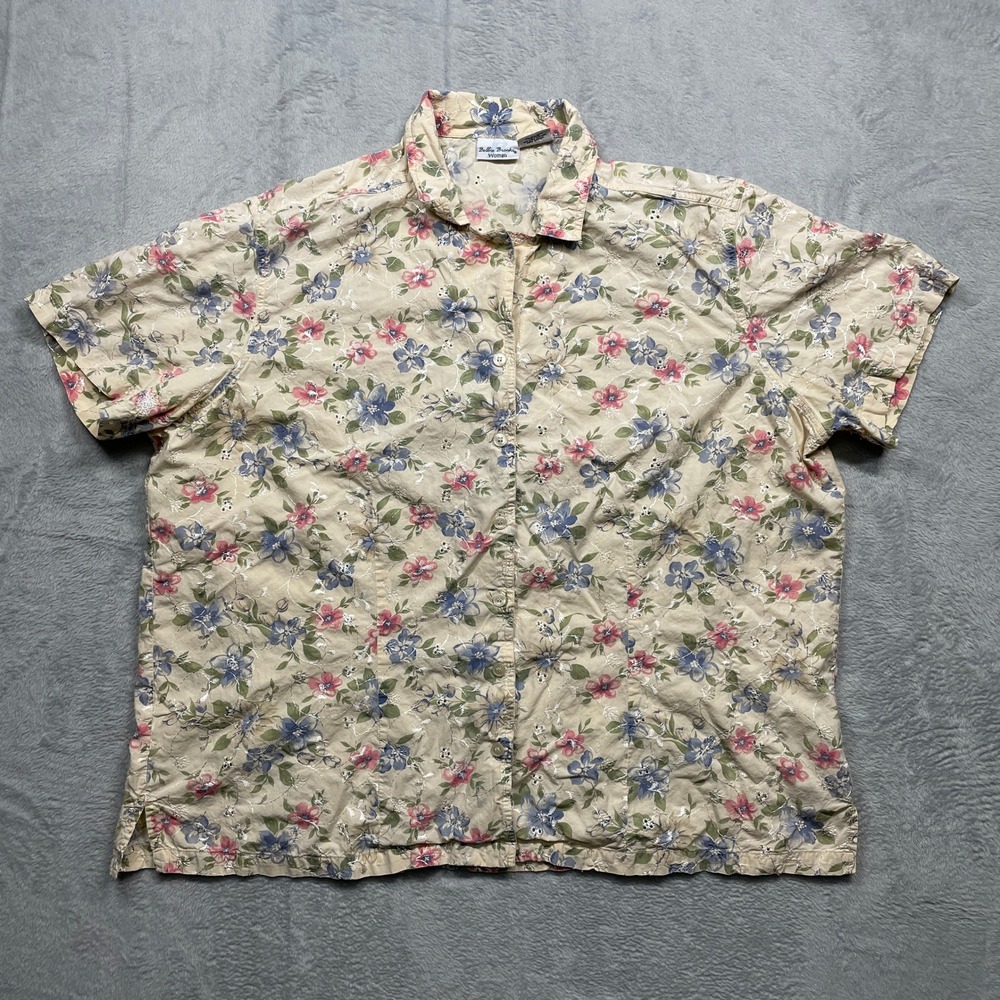 Bobbie Brooks Button Up Shirt Womens 18W/20W Cream Floral Embroidered Cotton